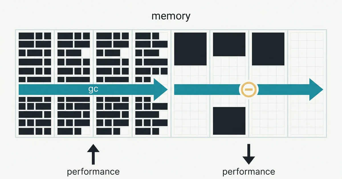 A garbage collection arrow crosses memory grids, linking high performance for dense small objects to low performance for large objects.