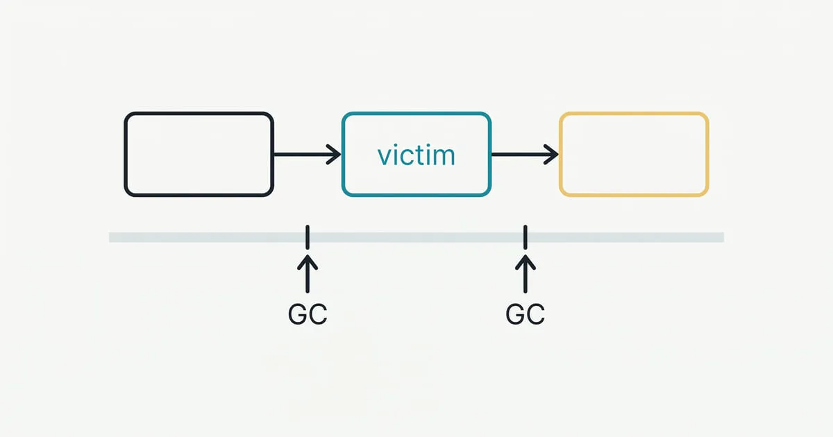 Three sequential boxes connected by arrows sit above two GC markers, with the middle box highlighted and labeled victim.