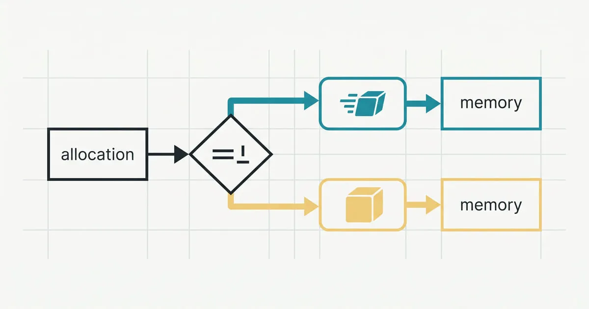 An allocation box leads to a decision diamond branching into a fast-path moving cube and a standard cube, both connecting to memory.